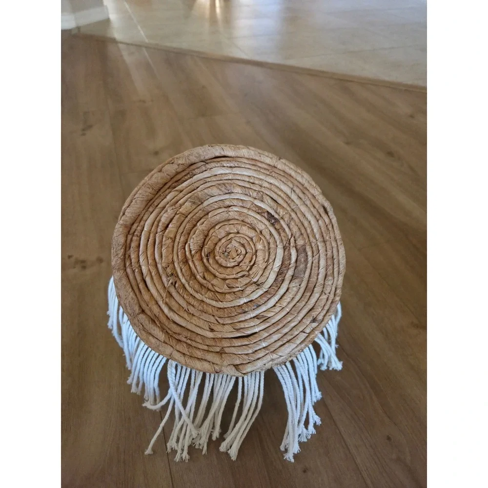 Woven Seagrass Banana Basket‎ Macrame Fringe Boho Handle Storage Decor Accent